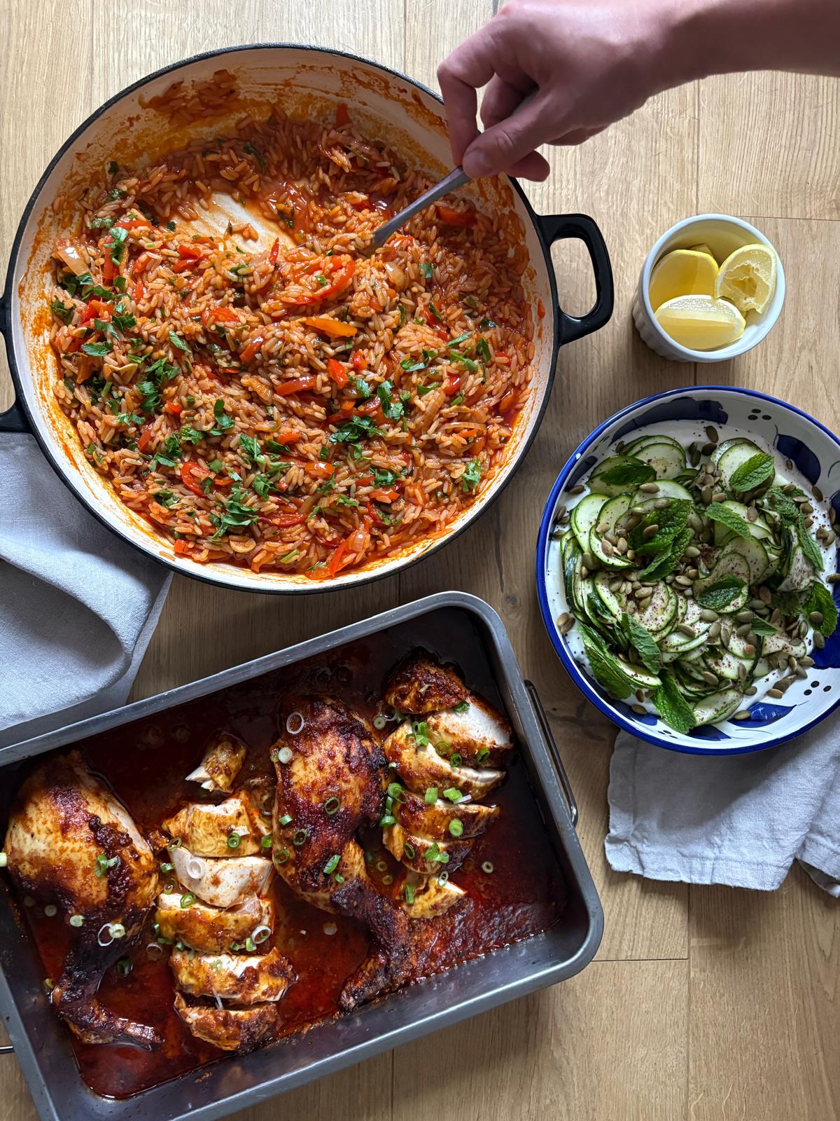 A feast spread of shared dishes laid out on a table
